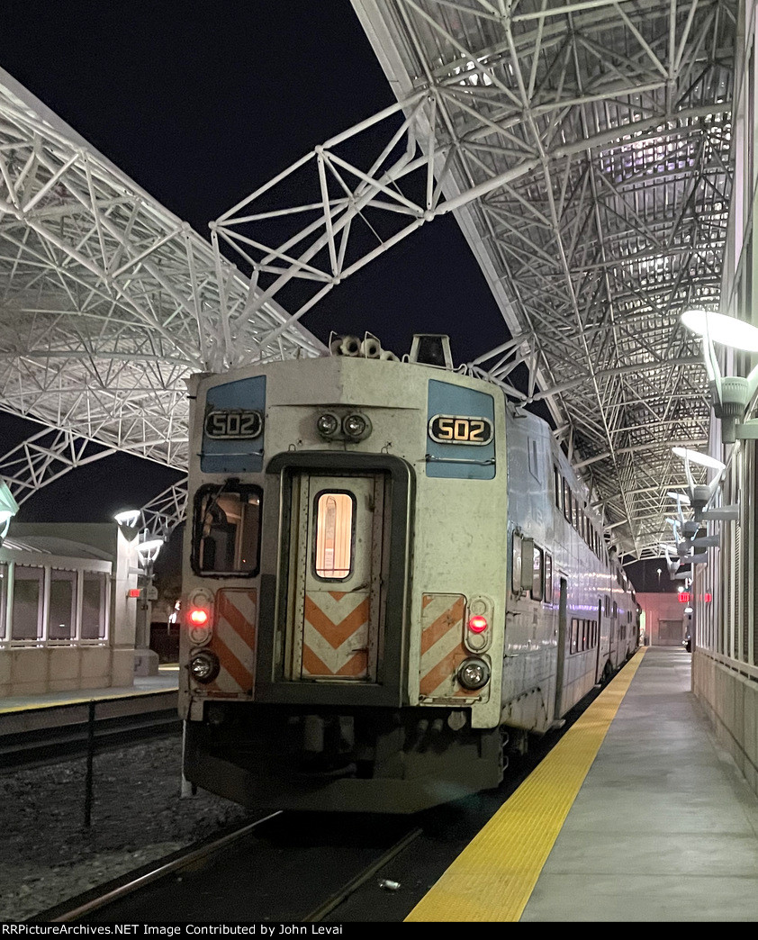 Tri-Rail Bombardier Bilevel Cab Car # 502 with its Tri-Rail set resting at the MIC between assignments